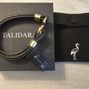 NWT Talidara Black Leather Multi Strand Anchor Bracelet Gold Tone Box Pouch $265